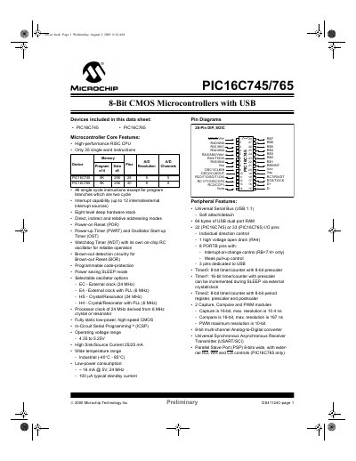 Microchip PIC16C745/765 8‑Bit CMOS Microcontroller Datasheet - cover page