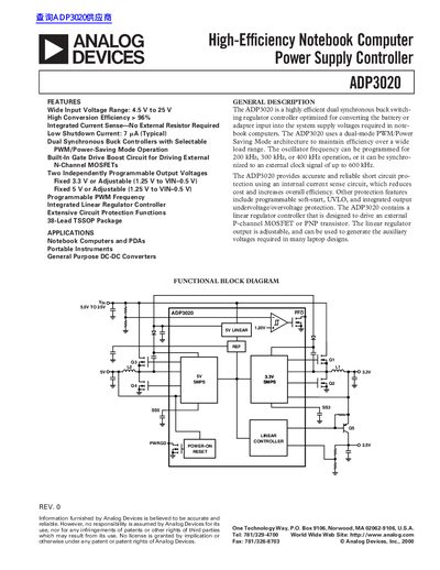 ANALOG DEVICES ADP3020 High-Ef ciency Notebook Computer Power Supply Controller handbook - cover page