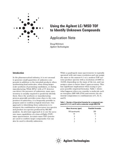 Using the Agilent LC/MSD TOF to Identify Unknown Compounds Application Note - cover page