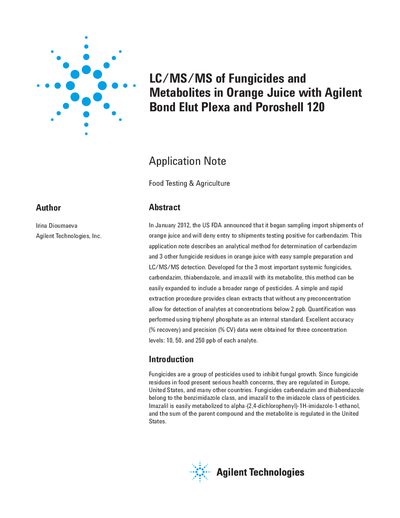 LC/MS/MS of Fungicides and Metabolites in Orange Juice with Agilent Bond Elut Plexa and Poroshell 120 Application Note - cover page