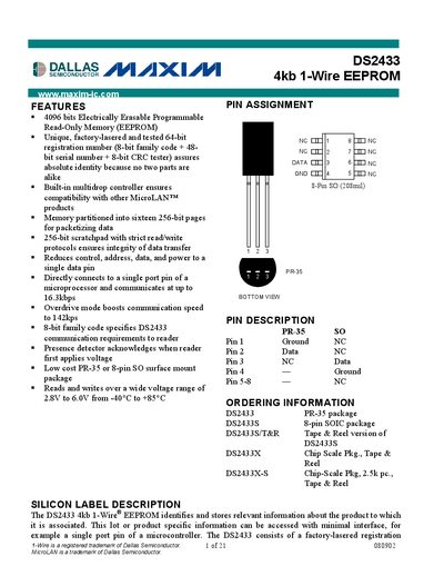 Maxim DS2433 4kb 1-Wire EEPROM Handbook - cover page