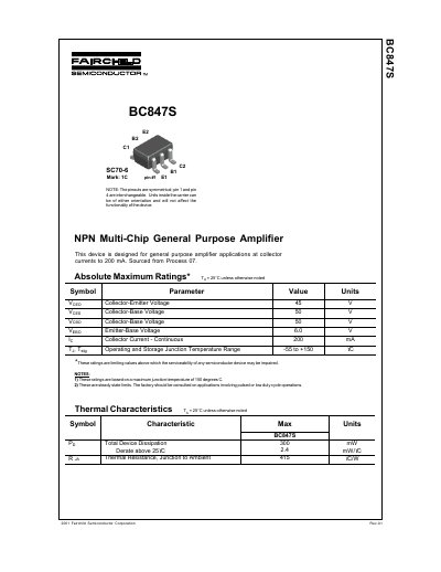Fairchild BC847S NPN Multi-Chip General Purpose Amplifier Datasheet - cover page