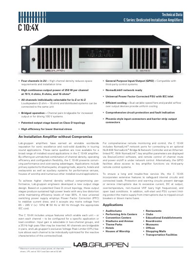 Lab.gruppen C 10:4X Installation Amplifier Technical Data Sheet - cover page