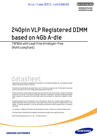 Samsung M392B2G70AM0 / M392B2G73AM0 DDR3 VLP Registered DIMM Datasheet - cover page