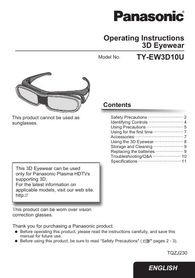 Panasonic TY-EW3D10U 3D Eyewear Operating Instructions - cover page