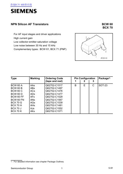 Siemens BCW 60/BCX 70 NPN Silicon AF Transistors Datasheet - cover page