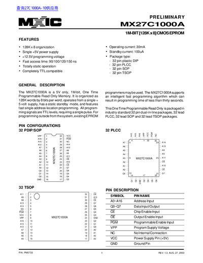 MXIC MX27C1000A CMOS EPROM Datasheet - cover page