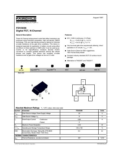 Fairchild Semiconductor FDV303N Digital FET N-Channel Datasheet - cover page