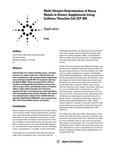 Agilent 7500ce Multi-Element Determination of Heavy Metals in Dietary Supplements Using Collision/Reaction Cell ICP-MS A - cover page