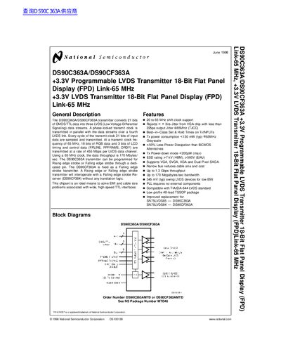 National Semiconductor DS90C363A/DS90CF363A +3.3V Programmable LVDS Transmitter 18-Bit Flat Panel Display (FPD) Link-65 MHz +3.3V LVDS Transmitter 18-Bit Flat Panel Display (FPD) Link-65 MHz handboo - cover page