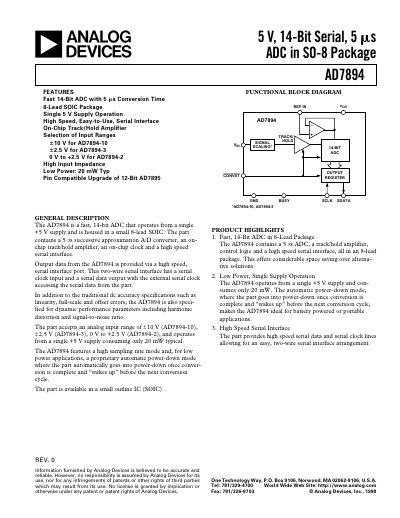 Analog Devices AD7894 14-Bit ADC Datasheet - cover page