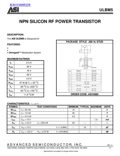 ASI ULBM5 NPN Silicon RF Power Transistor Datasheet - cover page