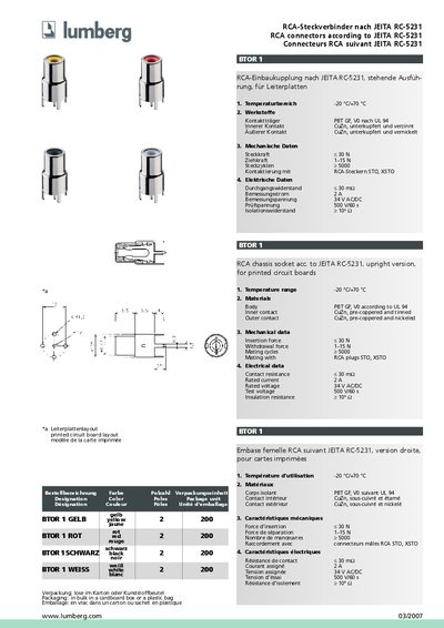 LUMBERG BTOR 1 RCA-Steckverbinder nach JEITA RC-5231 RCA connectors according to JEITA RC-5231 Connecteurs RCA suivant JEITA RC-5231 handbook - cover page