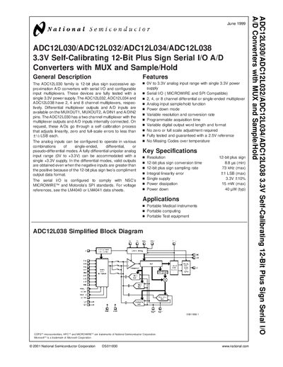 National Semiconductor ADC12L030/ADC12L032/ADC12L034/ADC12L038 3.3V 12-Bit Serial I/O A/D Converter Datasheet - cover page