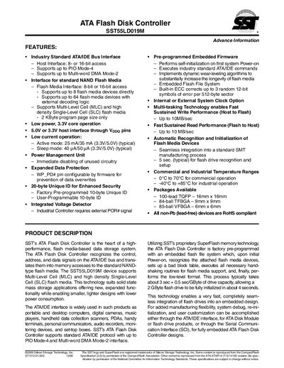 Silicon Storage Technology SST55LD019M ATA Flash Disk Controller Datasheet - cover page
