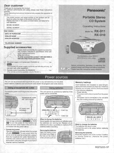 panasonic RX-D11 RX-D10 Portable Stereo CD System Operating Instructions - cover page