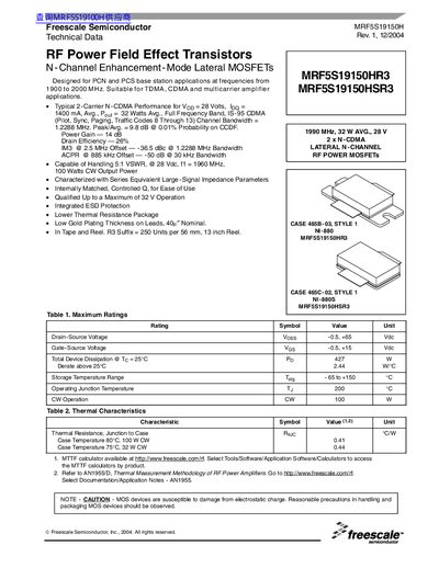 freescale MRF5S19150HR3 MRF5S19150HSR3 Data Sheet - cover page