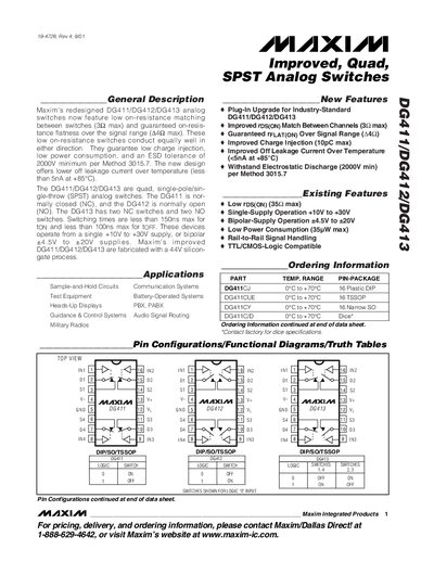 Maxim DG411/DG412/DG413 Quad SPST Analog Switches Datasheet