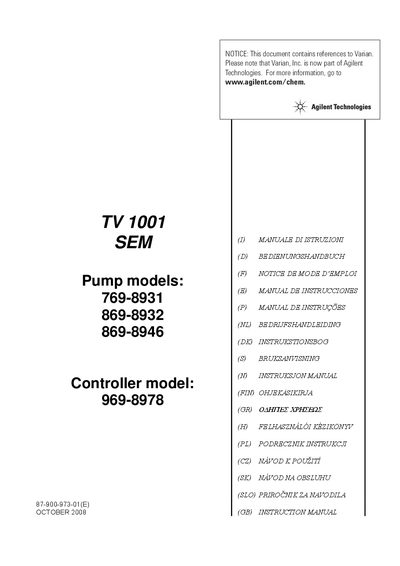 Agilent Technologies Turbo-V 1001 SEM 769-8931 Manual - cover page