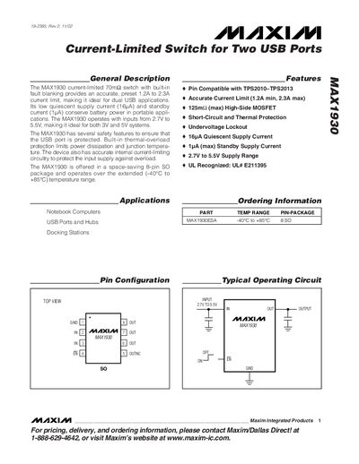 Maxim MAX1930 Current-Limited Switch for Two USB Ports Datasheet - cover page
