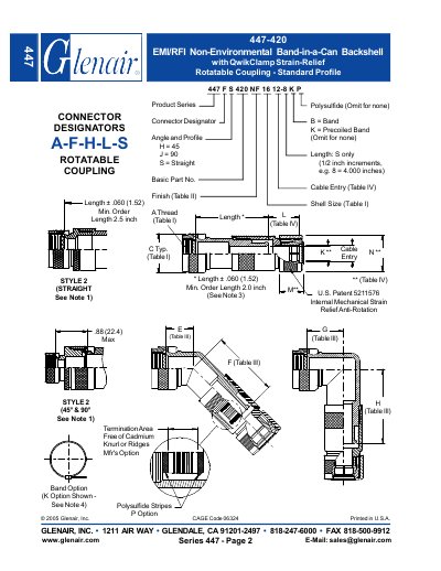 Glenair 447-420 EMI/RFI Non-Environmental Band-in-a-Can Backshell with QwikClamp Strain-Relief Rotatable Coupling - Standard Profile Data sheet  - cover page