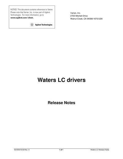 Agilent Waters LC Release Notes for Alliance 2690/2695 - cover page