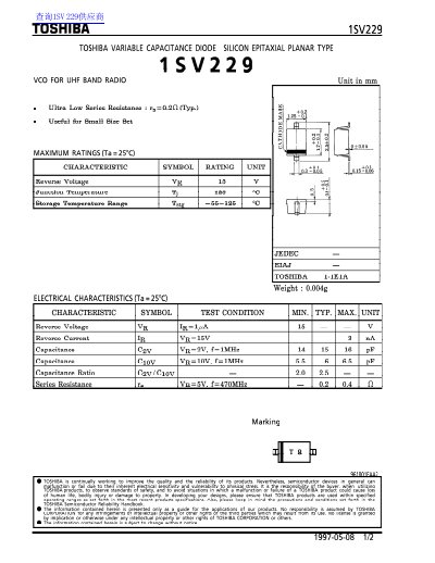Toshiba 1SV229 Variable Capacitance Diode Datasheet - cover page