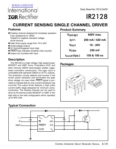 International Rectifier IR2128 Current Sensing Single Channel Driver Datasheet - cover page