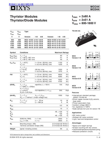 IXYS MCC44/MCD44 Thyristor Modules Datasheet