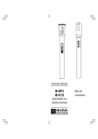 Hanna Instruments HI 4015/HI 4115 Silver/Sulfide Ion Selective Electrode Instruction Manual - cover page