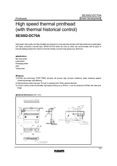 ROHM SE3002-DC70A High Speed Thermal Printhead Datasheet - cover page