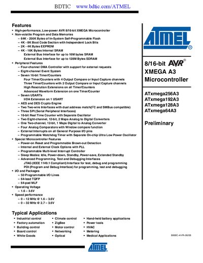 Atmel ATxmega256A3 Datasheet - cover page