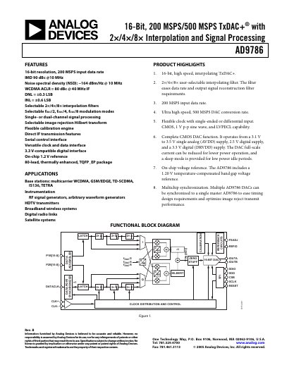 Analog Devices AD9786 TxDAC+ Datasheet - cover page