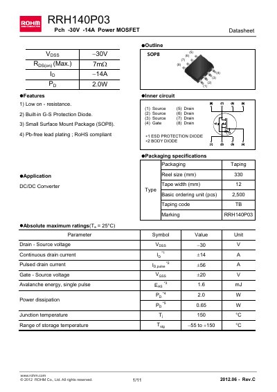 ROHM RRH140P03 Power MOSFET Datasheet - cover page