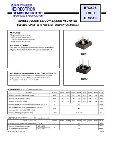 Rectron BR3505 through BR3510 Silicon Bridge Rectifier Datasheet - cover page