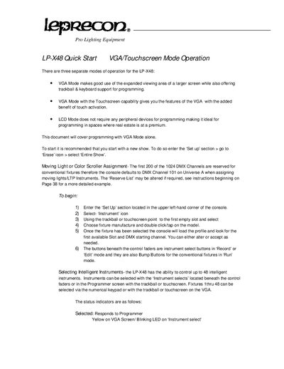 Leprecon LP-X48 Quick Start Instructions VGA Mode Operation - cover page