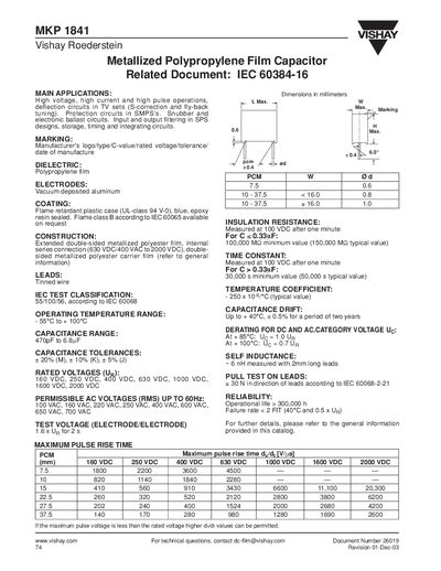 Vishay MKP 1841 Metallized Polypropylene Film Capacitor Datasheet - cover page