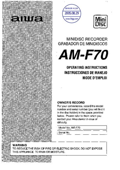 Aiwa AM-F70 MiniDisc Recorder User Manual - cover page