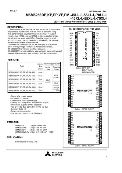 MITSUBISHI M5M5256DP KP FP VP RV -45LL-I -55LL-I -70LL-I -45XL-I -55XL-I -70XL-I Data Sheet - cover page