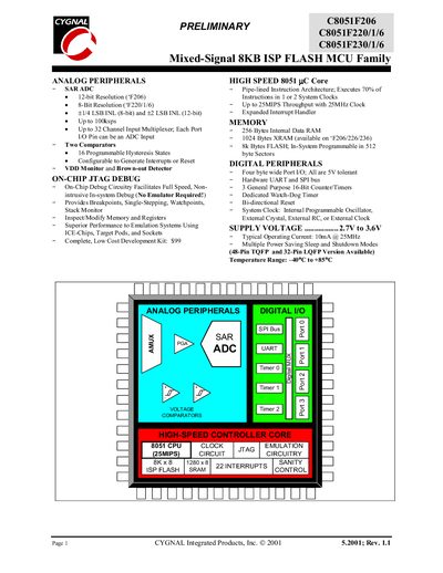 Cygnal C8051F206 / C8051F220/1/6 / C8051F230/1/6 Microcontroller Family User Manual - cover page