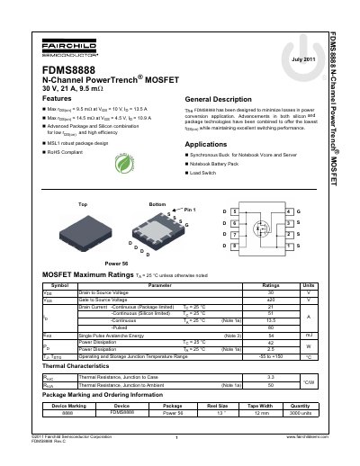 Fairchild FDMS8888 N-Channel PowerTrench MOSFET Datasheet - cover page