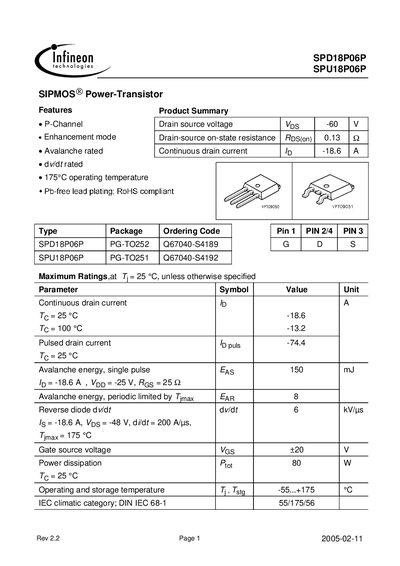 Infineon SPD18P06P / SPU18P06P SIPMOS Power-Transistor Datasheet - cover page