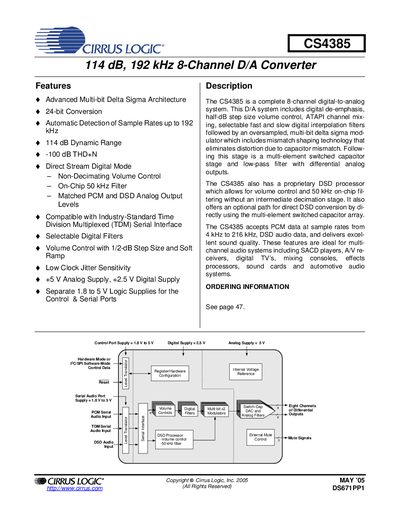 CIRRUS LOGIC CS4385 114 dB 192 kHz 8-Channel D/A Converter handbook - cover page