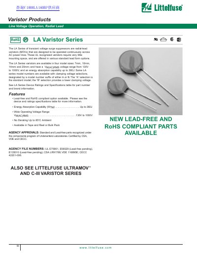 Littelfuse LA Series Radial Lead Varistor Datasheet - cover page