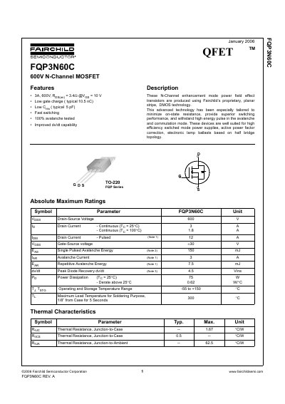 Fairchild FQP3N60C 600V N-Channel MOSFET Datasheet - cover page