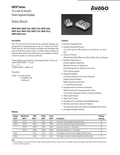 AVAGO TECHNOLOGIES HDSP Series 14.2 mm (0.56 inch) Seven Segment Displays Manual - cover page