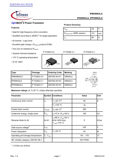 Infineon IPB05N03LA IPI05N03LA IPP05N03LA Manual - cover page