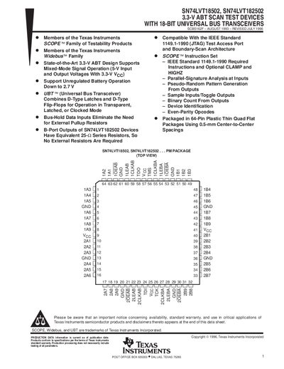SN74LVT18502 SN74LVT182502 3.3-V ABT SCAN TEST DEVICES WITH 18-BIT UNIVERSAL BUS TRANSCEIVERS Manual - cover page