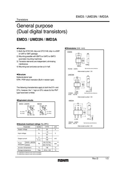ROHM EMD3/UMD3N/IMD3A Dual Digital Transistor Datasheet - cover page