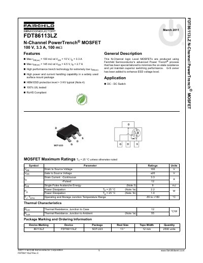 Fairchild Semiconductor FDT86113LZ N-Channel PowerTrench MOSFET Datasheet - cover page